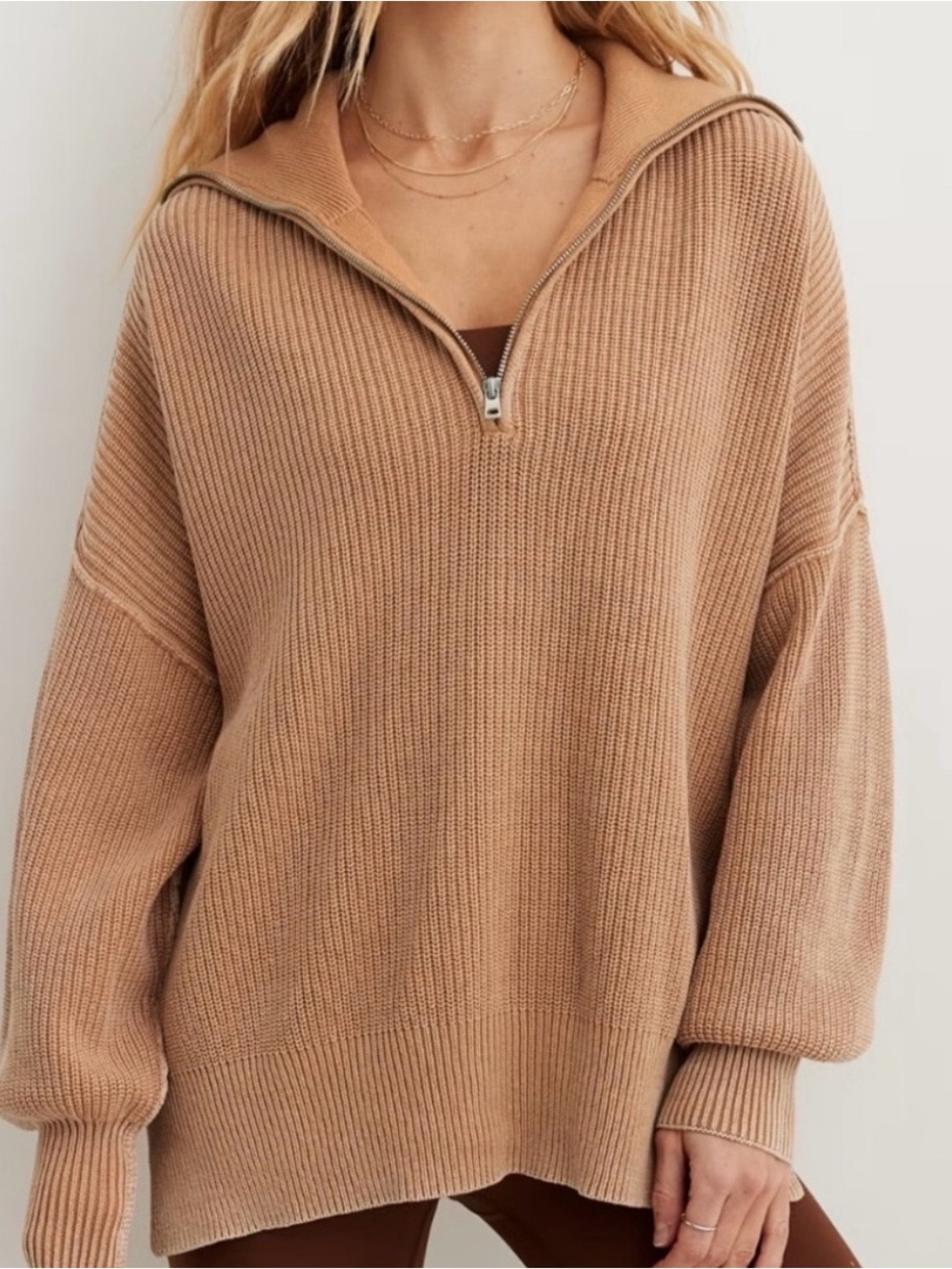 🧶AERIE Beyond Ribbed Oversized Quarter Zip Beach Dune Tan Pullover Sweater - S
